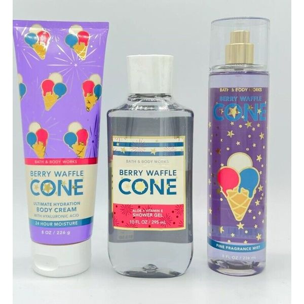 Bath and Body Works Berry Waffle Cone Cream, Shower Gel and Mist 3-Piece Bundle