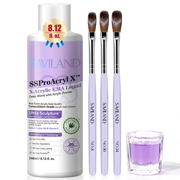 SAVILAND 240ml Monomer Acrylic Nail Liquid: Pure EMA Acrylic Liquid 3Pcs Acrylic Nail Brushes Professional Acrylic Liquid Monomer Dappen Dish for Acrylic Powder Nail Extension Carving DIY Studio