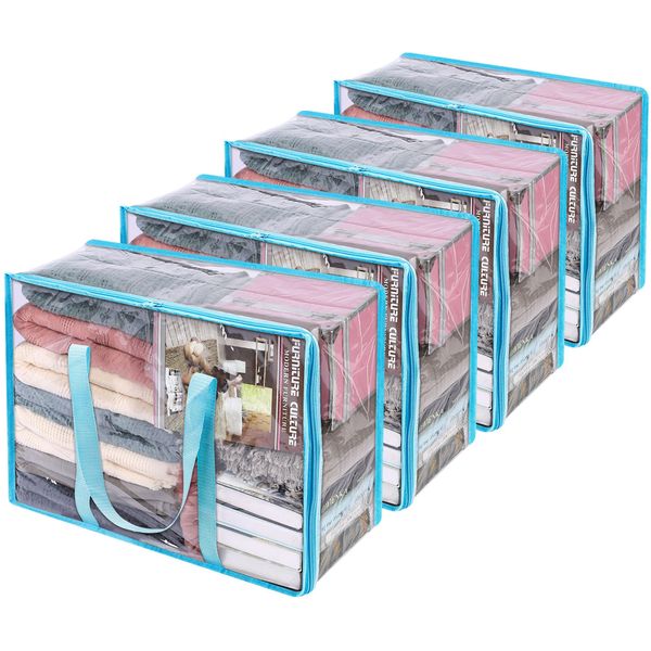 Vieshful 4 Pack Clear Clothes Storage Bag, 40L Zippered Closet Organizer, Plastic Storage Containers Moving bags for Comforter, Blanket, Bedding, Duvet, Toys