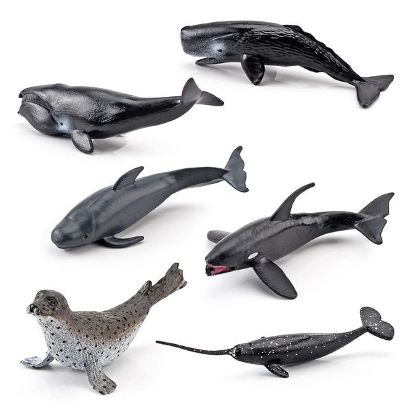 Ocean Marine Animal Figure Toys Playsets 6 PCS Mini Narwhal Sperm Whale Seal Bowhead Whale Pilot Whale Killer Whale Model Toy Desktop Decoration Collection Party Favors Toys for Boys Girls Kids