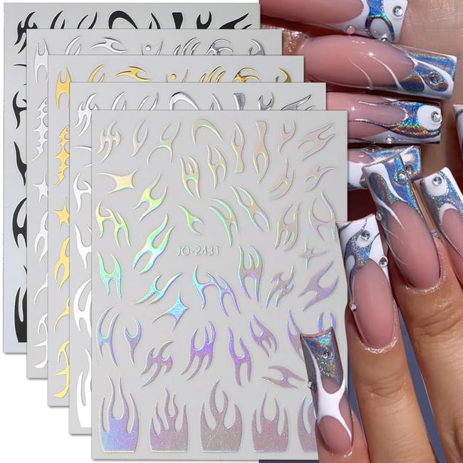 8 Sheets Irregular Flame Nail Art Stickers Metallic Silver Nail Stickers for Nail Art Black White Gold Flame Nail Decals Y2k Nails Stickers Self Adhesive Stickers for Nails Design Women Nail Supplies