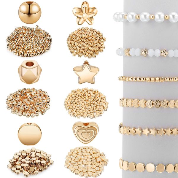 1200 Pieces Spacer Beads Set Star Round Ball Rondelle Faceted Spacer Heart Flower Flat Disc Loose Beads for Bracelet Earring Necklace Jewelry Making (Gold)