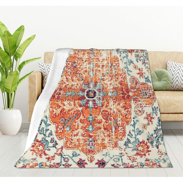 HGOD DESIGNS Flannel Fleece Bed Blanket 130x150cm Carpet Pattern Boho Style Ethnic Design Orange Blue Throw Blanket Lightweight Cozy Plush Blanket for Bedroom Living Rooms Sofa Couch