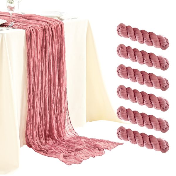 SRIZIAN 6 Pieces Dusty Blush Cheesecloth Table Runners 3M Wide Gauze Table Runner Boho Table Runner for Bridal Shower Wedding Birthday Party Table Decoration