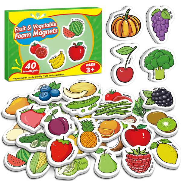 Broytain 40 Food Fridge Magnets for Toddlers,Fruits Vegetables Foam Refrigerator Magnets Toys for Kids Whiteboard,Learning Games,Educational Toys,Preschool Kindergarten Learning Activities Homeschool