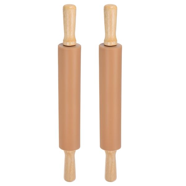 HARFINGTON 2pcs Silicone Rolling Pins for Baking 16.93 Inch Non-Stick Silicone Surface Wooden Handle Rolling Pin Small Roller Playdough Rolling Pins for Fondant Kitchen Dough Pizza, Brown