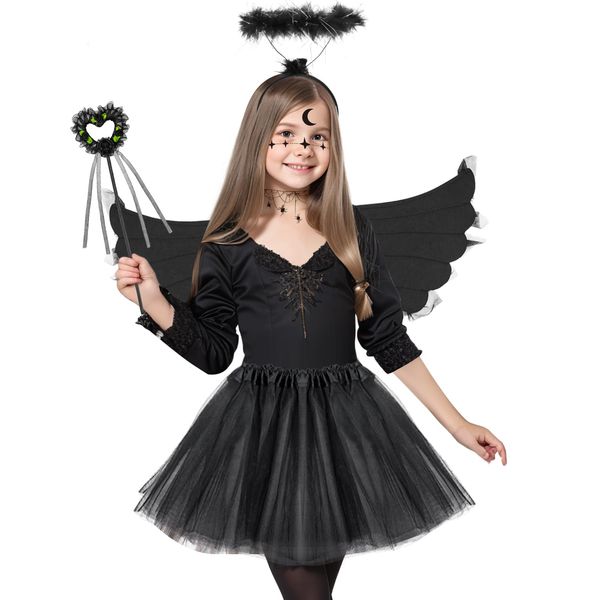 SelfTek 5Pcs Fallen Angel Costume for Girls, Black Dark Angel Wings and Halo Set Tutu Skirt for Kids Age 3-12 Halloween Cosplay Dress with Sticker