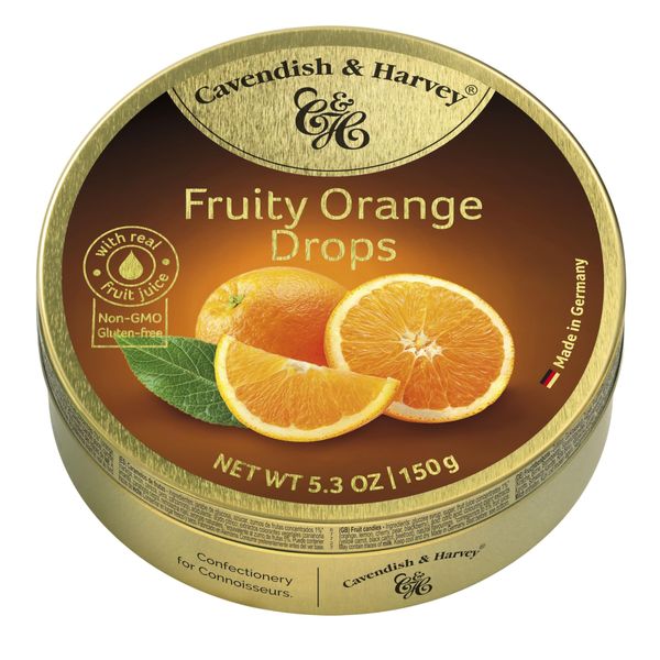 Cavendish & Harvey | Fruity Orange Hard Candy Drops | 5.3 Ounce Tin