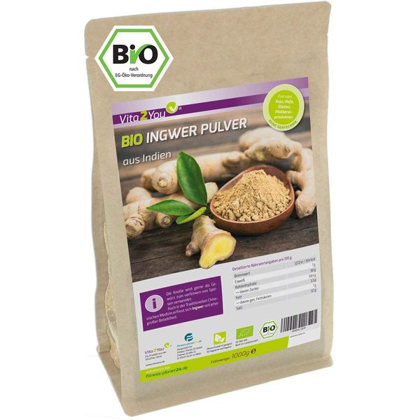 Vita2You Bio Ingwer Pulver 1 kg im Zippbeutel - 100% Naturbelassen - Ökologischer Anbau - Glutenfrei - Ingwerpulver - Premium Qualität