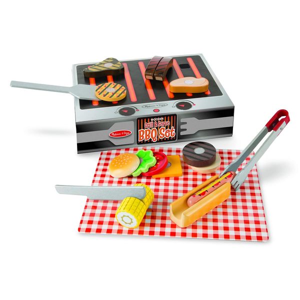 Melissa & Doug BBQ Grill & Serve Toy | Play Food | Wooden Toy | Pretend Play | Montessori Toys | 3+ | Gift for Boy or Girl