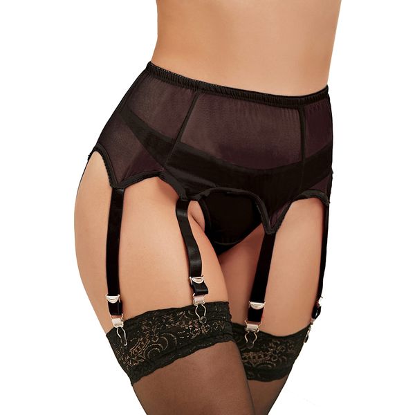 comeondear Sexy Strapsgürtel für Damen Schwarz Spitze Strapshalter Große Größen Breit Strapsen Dessous Set Strumpfhalter Strumpfband Strumpfgürtel mit 6 halter Metallclips Garter Belt(Schwarz,M-L)