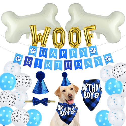 ASTARON Pet Dog Birthday Party Supplies, Blue Boy Dog Birthday Hat Bandana with Bone Balloons Puppy Birthday Banner for Pet Birthday Party Supplies Decorations
