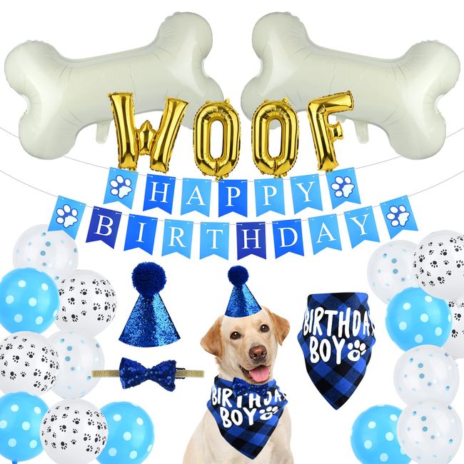 ASTARON Haustier Hund Geburtstag Party Supplies, Blauer Junge Hund Geburtstag Hut Bandana mit Knochen Ballons Welpe Geburtstag Banner für Haustier Geburtstag Party Supplies Dekorationen