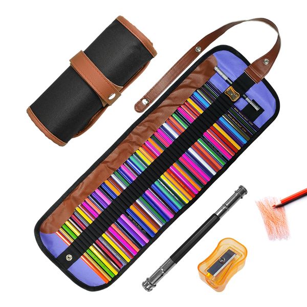 OAAO 50 Pieces Colored Pencil Set, 1 Piece Purple Pen Curtain, 1 Piece Pencil Sharpener, 1 Piece Extender, Wooden Colored Pencils, Children's Drawing Set For Professional Painting, Sketching