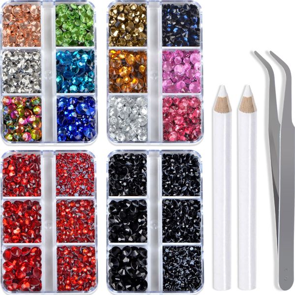 QOGIR 10000 Pieces 5 Mixed Size Siam Black and Multicolor Hotfix Rhinestones for Crafts Clothes Nail Art with Tweezers and Picking Rhinestones Pencil