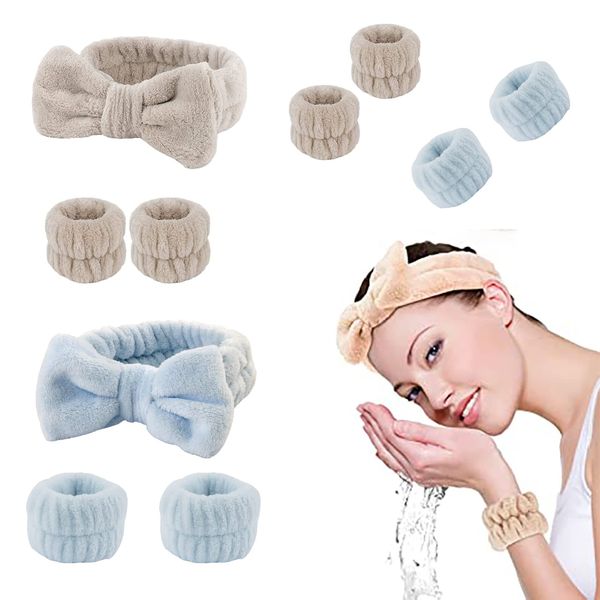 yufana 4 Paar Handgelenk Spa Waschband, 2 PCS Weich Stirnband, Bowknot Haarbänder Frauen, Gesicht Stirnband Handgelenk Waschband Set, für Waschen Gesicht, Dusche, Yoga, Sport(Bleu, Gris)