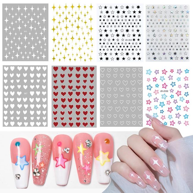 Chisafly Nail Stickers, Stars, Hearts, Gold, Pentagram, White, Red, Sparkling, Set of 8