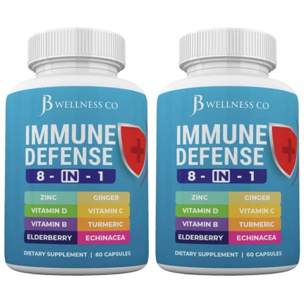 JB Wellness Immune Support 8 in 1 Capsules - Zinc Supplement, Vitamin D3 5000 IU, Vitamin C 1000MG and Elderberry - Immune Booster Supplement with Echinacea, Ginger Root, and Turmeric - [2-Pack]