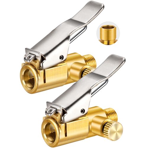 2-Pack Locking Tire Air Chuck, Brass Tire Inflator Hose Adapter w/Clip Adapter & Release Button for Lock On, No Leakage Air Compressor Pump Clip On Tire Chuck Nozzle Adapter Connect Accessories Tool