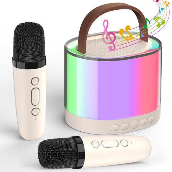 Mini Karaoke Machine for Kids, Kids Karaoke Machine with 2 Microphone, Portable Karaoke Microphone for Kids Toys Birthday Gift for Girls/Boys/Toddler Teens 4, 5, 6, 7, 8+ Years Old [Beige]