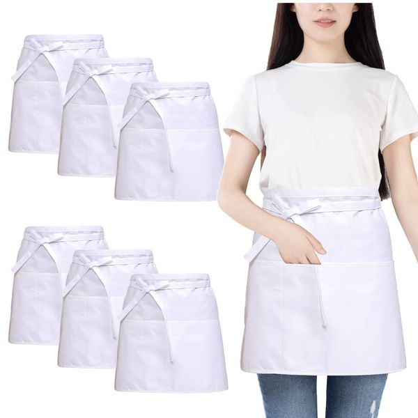 FunChaos White Waist Apron, 6 Pack, Waterproof Half Apron for Men and Women, Chef Apron for Cooking, Cleaning, Painting, Gardening, Restaurant Use with 3 Pockets