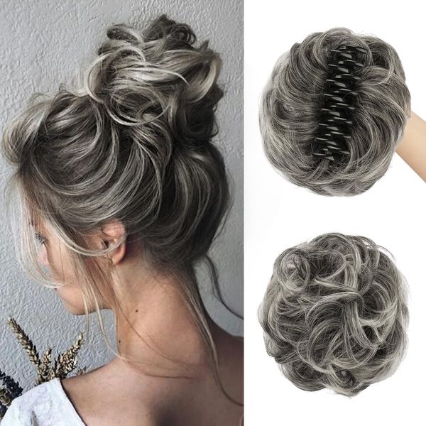 SOFEIYAN Claw Clip Messy Bun Hair Piece Synthetic Tousled Updo Hair Extensions Wavy Curly Hair Bun Clip in Claw Chignon Ponytail Hairpieces Scrunchie Hairpiece for Women, Gray with White Tips