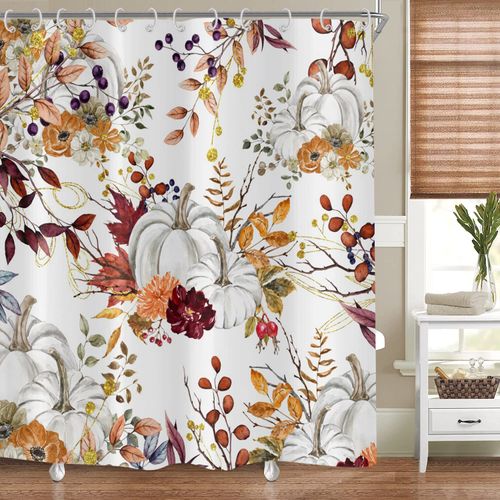 GCIREC Autumn Pumpkin Shower Curtain, Fall Thanksgiving Harvest Watercolor Floral Pumpkin Boho Bathroom Curtain Home Bathtub Decor Waterproof Fabric Machine Washable with 12 Hooks,72"X72"