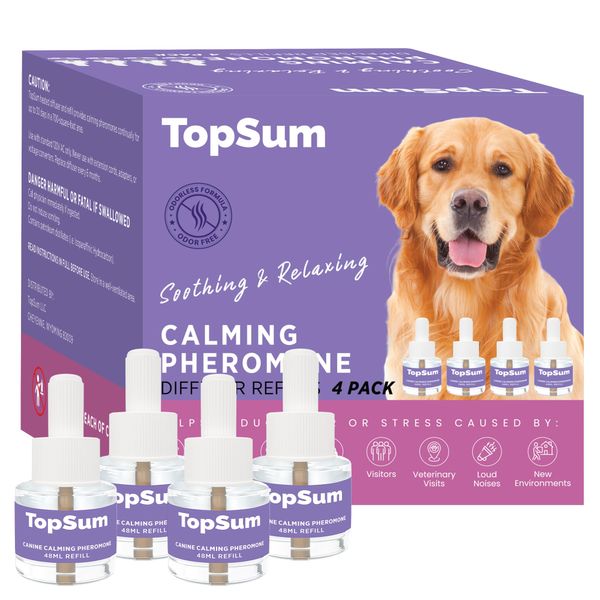 TopSum Dog Calming Diffuser Refills: 4 Pack Dog Pheromones Calming Diffuser Refills - Dog Appeasing Pheromone - Pheromones for Dogs - Calming Pheromones for Dogs, 4 Pack (Purple)