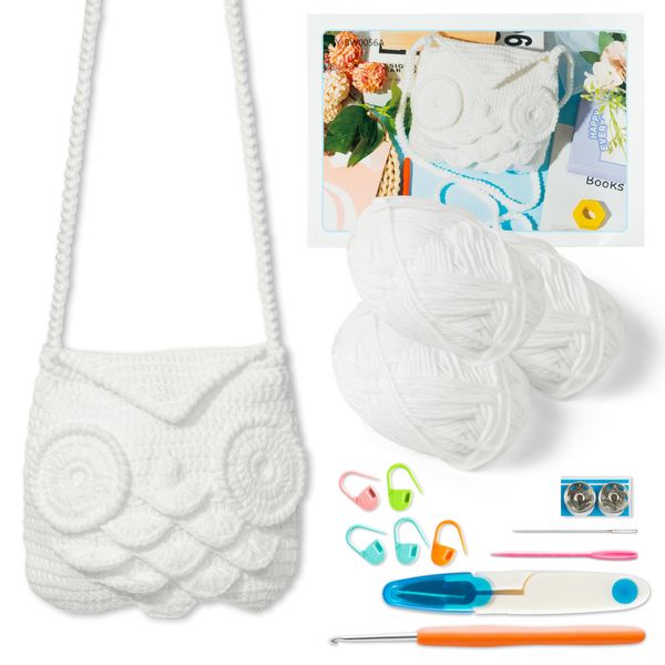 TirEurt Crochet Kit for Beginners Owl Crochet Bag Complete Kits Includes Crochet Hook Set Stuffing Yarn Step-by-Step Instruction and Video Tutorial DIY Handmade Knitting Starter Gift for Adults