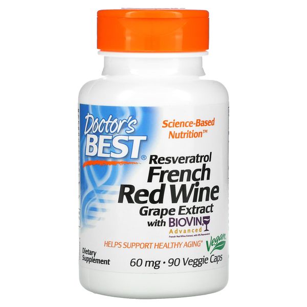 Doctor's Best Resveratrol French Red Wine Grape Extract 60 mg 90 Vegetarian Capsules