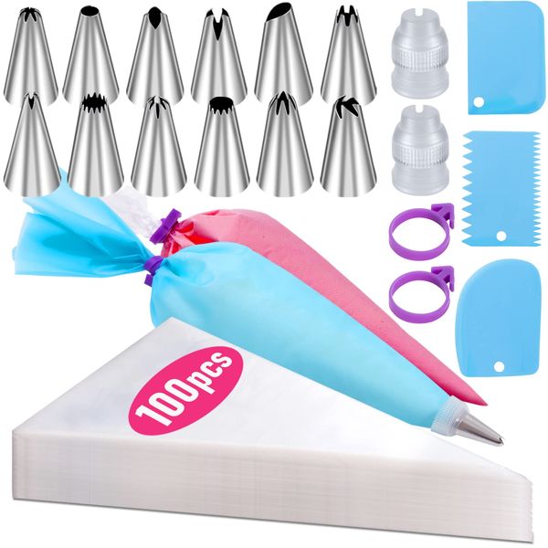 Piping Bags and Nozzles Set, 100Pcs 12 Inch Pastry Bags, Icing Bags Disposable for Cakes Decorating Kit with 1 Reusable Piping Bags, 1 Couplers, 12 Frosting Nozzles, 2 Bag Ties, 3 Cake Scraper