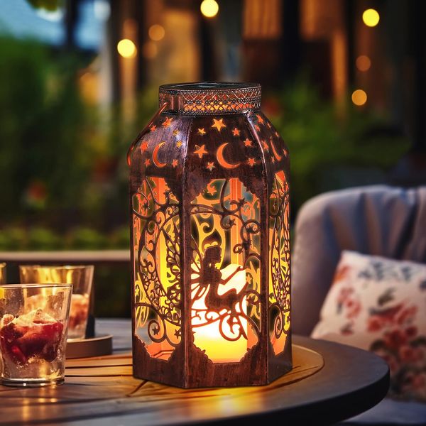 Solar Lanterns, Outdoor Garden Hanging Metal Bronze Star Moon Fairy Lanterns, Set of 1,9.3 Inch Waterproof Flickering Flameless Candle Mission Lights for Patio,Table,Pathway,Balcony,Party Decorative