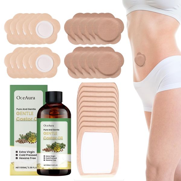 30 Tabletten Castor Oil Patches,Einweg Rizinusöl Bauchnabel,Selbstklebende Rizinusöl Pflaster Bauchnabel,2 Größen Bauchnabel Pflaster mit 1 Flasche Rizinusöl,zur Anwendung an Taille,Bauch