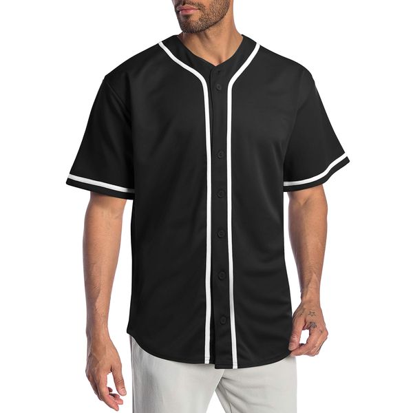 Hat and Beyond Mens Baseball Jersey Stripe Button Down Shirts Team Sports Uniforms (2X-Large,1DL01_Black)