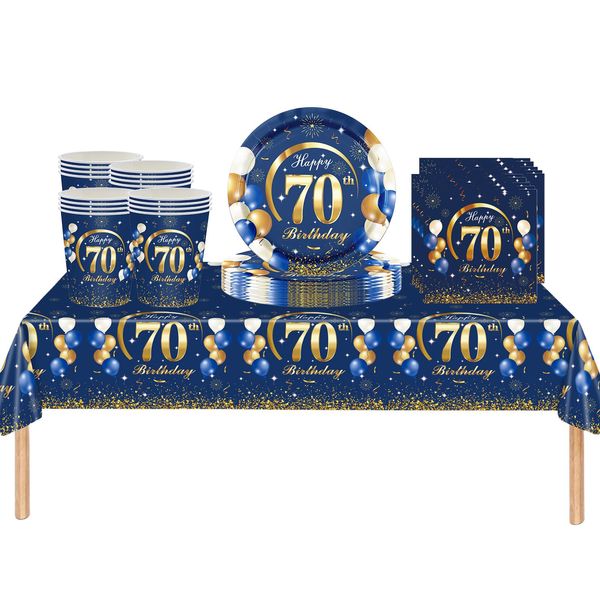 53Pcs Navy Blue Happy 70th Birthday Party Tableware Plastic Table Cloth,Paper Plates,Napkins and Cups for Man Birthday Table Decorations Disposable Party Tableware Set for Adults Birthday Party