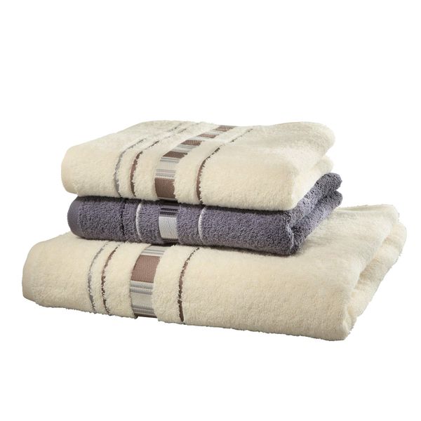 Erwin Müller Achern Terry Towel Set, Terry Towel Set, 2 Hand Towels and 1 Bath Towel, Loops on Both Sides, Durable, Voluminous, Natural/Grey, 100% Cotton, 500 g/m²