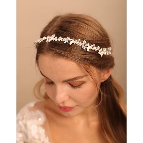 Jumwrit Flower Leaf Bridal Hairband Rhinestone Crystal Wedding Hairpiece for Women Girls Dainty Pearl Bridal Hair Accessories for Bride Bridesmaid