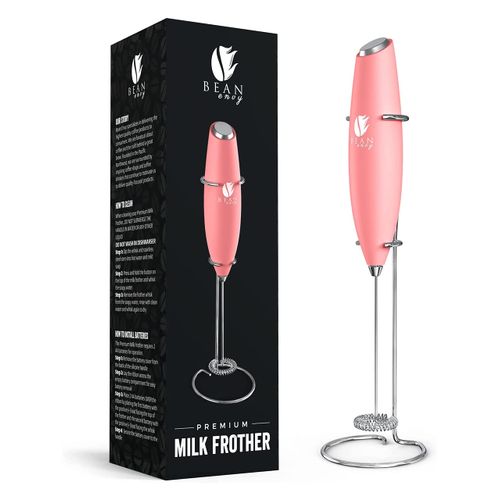 Bean Envy Milk Frother Handheld for Coffee - Electric Hand Blender, Mini Drink Mixer Whisk & Coffee Foamer Wand with Stand for Lattes, Cappuccino, Matcha and Hot Chocolate - Kitchen Gifts - Rose Pink