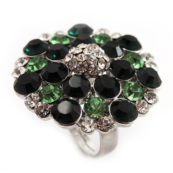 Avalaya Silver Tone Grass/Emerald Green Crystal Cocktail Ring/Adjustable/Size 7/8