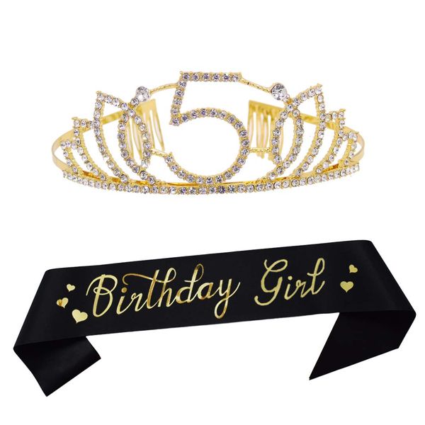 Dgasin Happy 5th Birthday Party Supplies Birthday Girl Glitter Satin Sash and Crystal Tiara Princess Birthday Crown for Girls Party Decorations Favors