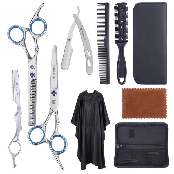 Marhaba AS Silver Hair Cutting Scissors for Men and Women,10 Pieces Hair Cutting kit, Hair Cutting and Thinning Shears, Stainless Steel Barber Scissors for Hair with Cape and Feather Razor