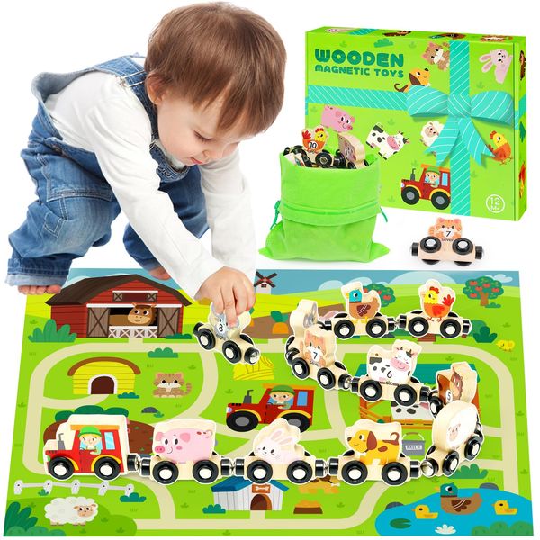 Toys for 1 2 3 4 Year Old Boy Gifts: Toddler Toys Wooden Train Set for Boys Girls Age 2 3 4 5 Educational Montessori Toys Gift for Kids Farm Animals Track Mat Set Birthday Presents for Toddlers 1+