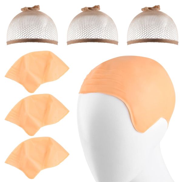 WXJ13 3 Packs Makeup Latex Bald Caps with 3 Nylon Wig Caps for Adult, Head Wig Cap Costume Latex Bald Caps for Halloween Party Adult Costume Accessory