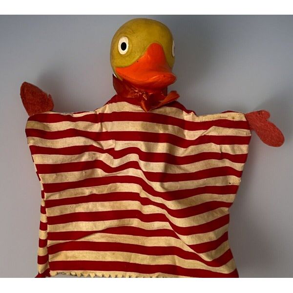 Vintage Rubber Head Ducky Cloth Hand Puppet Duck Red Stripe Play Toy Rare