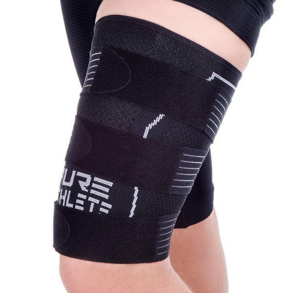 Pure Athlete Thigh Compression Sleeve – Adjustable Straps Quad Wrap Support Brace, Hamstring Upper Leg (1 Sleeve - Black, Large)
