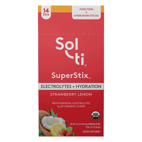 Sol-ti Organic Electrolytes + Hydration Drink Mix, Superfood Hydration Sticks, SuperStix, Non-GMO, Vegan, Strawberry Lemon, 14 Single-Serving Sticks