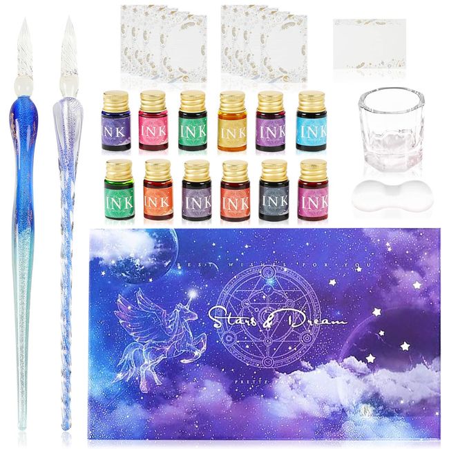 Tegning Glass Pen Set, 12 Ink color, 2 Pens, 8 Stationery, 1 Envelope, Set of 25, Gradient Brush Pen, Fountain Pen, Letters, Illustration, Gradient Blue