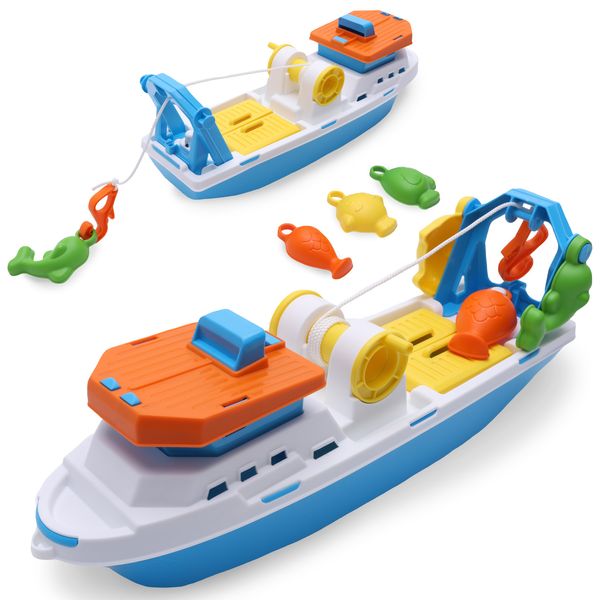 Toyland® 40cm (16") Colourful Fishing Boat with Moveable Doors, Fishing Hook & 4 Plastic Fish - Kids Floating Water Toy - Pool & Bathtime Toys - 3 Years+