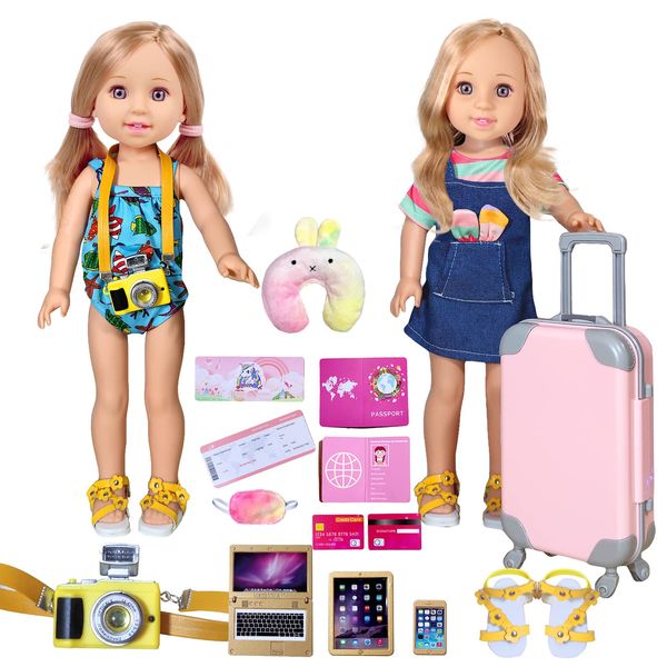 WONDOLL 14-inch-Doll-Clothes and Accessories - Doll-Travel-Suitcase Play Set Including Luggage, ​2 Sets of Doll Clothes, Shoes Sunglasses Camera Computer Travel Pillow Blindfold Passport Tickets