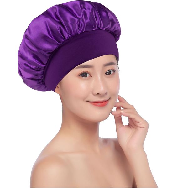 Shower Cap Hair Cap Bath Waterproof Bath Hat Convenient Women Elastic Waterproof Bathing Shower Cap Reusable Salon Hair Protection Hat (Purple)